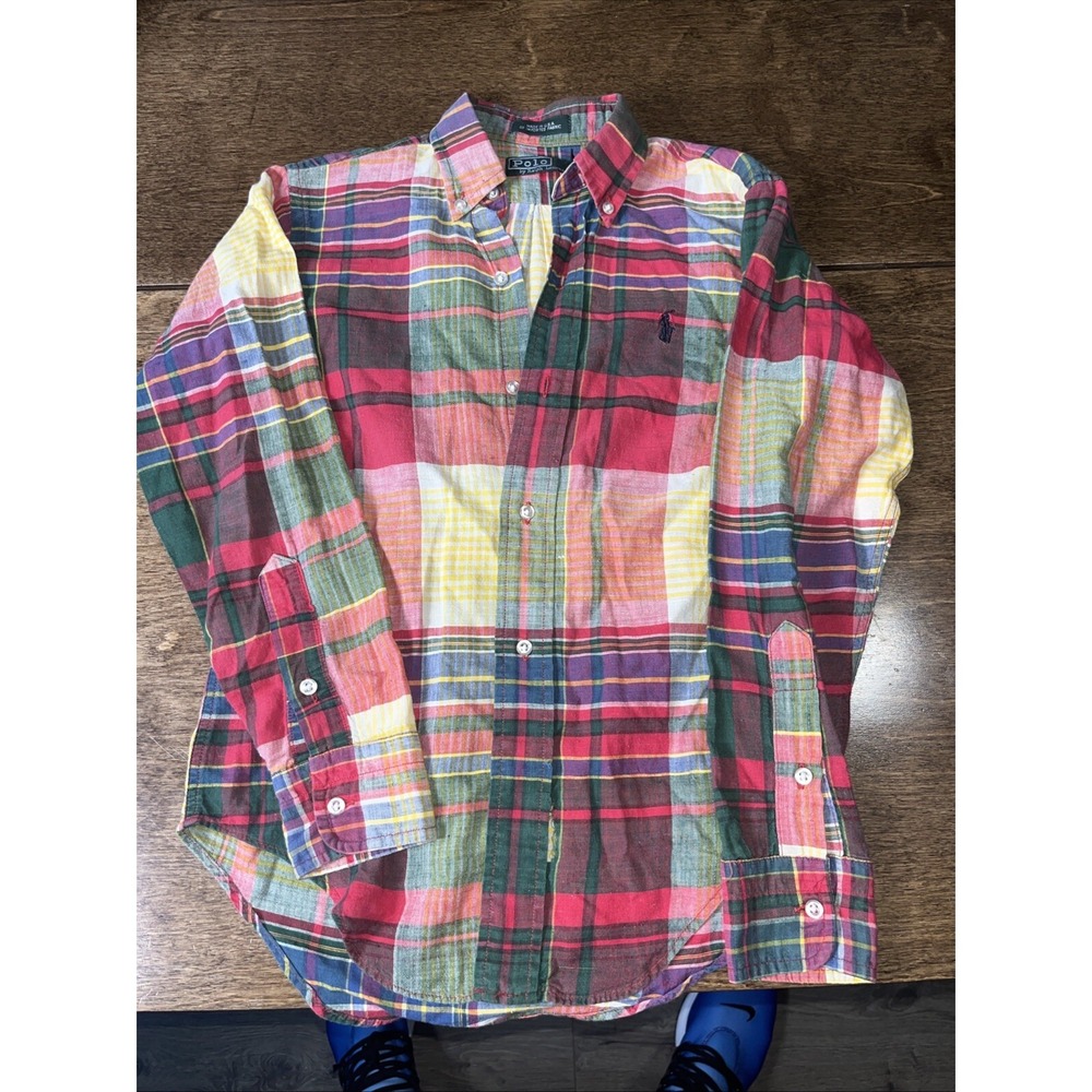 VTG 90s Ralph Lauren Plaid Shirt Green Yellow Blue Red Boys Size 10 Green Tag